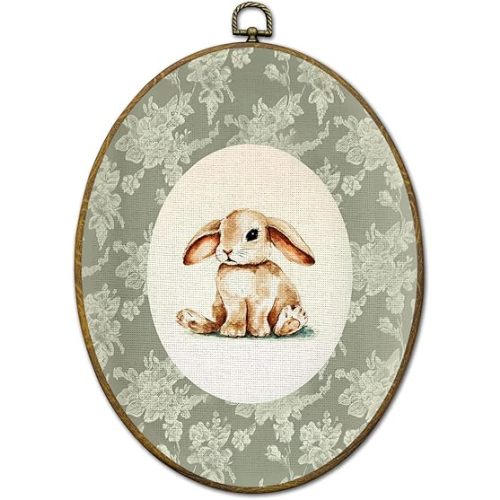 QZQE Vintage Bunny Nursery Oval Wall Art Decor Framed, Grandmillennial Floral Bunny Oval Canvas Prints, Rustic Easter Rabbit Wall Hanging Decor for Nursery Home Bedroom Living Room, 8.6x11.4 Inch