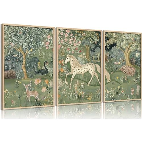 Vintage Woodland Animal Nursery Wall Art Magic Horse Bear Deer Poster Green Fantasy Forest Botanical Pictures Decor Fairy Tale Nature Painting Canvas Print Artwork for Kids Room Living Room, Unframed