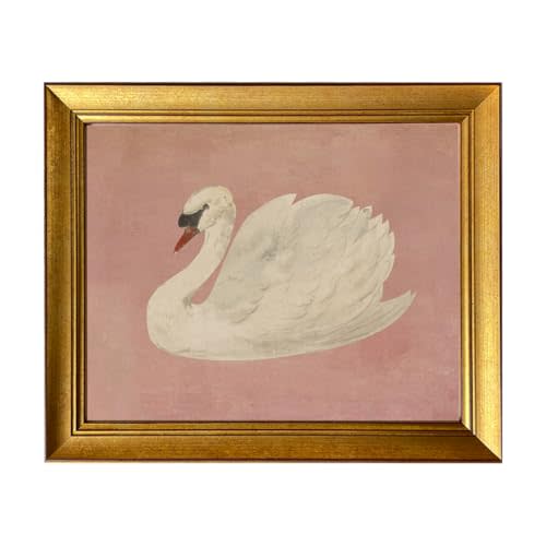 Vintage Swan Painting Gold Framed Wall Art Home Decor Farmhouse Pink Canvas Print Cute Swan Painting Artworks for Girly Bathroom Decor Living Room Bedroom