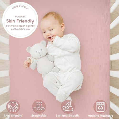 Yoofoss Muslin Crib Sheets for Boys & Girls - 100% Cotton Fitted Baby & Toddler Sheet - 2 Pack - Soft & Breathable - Standard & Toddler Mattress - 52"x28" - Apricot & Pink