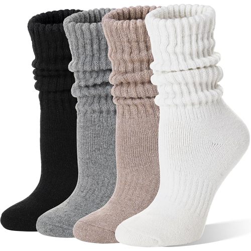 EBMORE Womens Merino Wool Slouchy Boot Socks Thermal Warm Winter Thick Scrunch Slouch Cozy Crew Gifts Socks 4 Pairs Stocking Stuffers(Black/khaki/Grey/White,M)