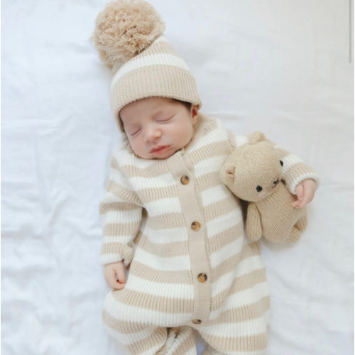 Knit Striped Neutral Jumpsuit/Hat in Tan Stripe