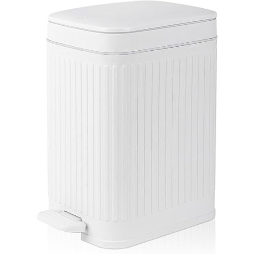 rejomiik Small Bathroom Trash Can with Lid Slim Soft Close Garbage Can Step Wastebasket Container Trash Bin for Office Bedroom Kitchen Living Room (1.9 Gallon White)