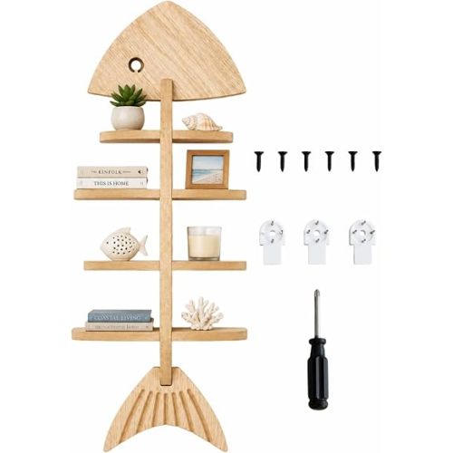 Wooden Fish Beachy Wall Decor Shelf, Coastal Ocean Nautical Wall Room Decor