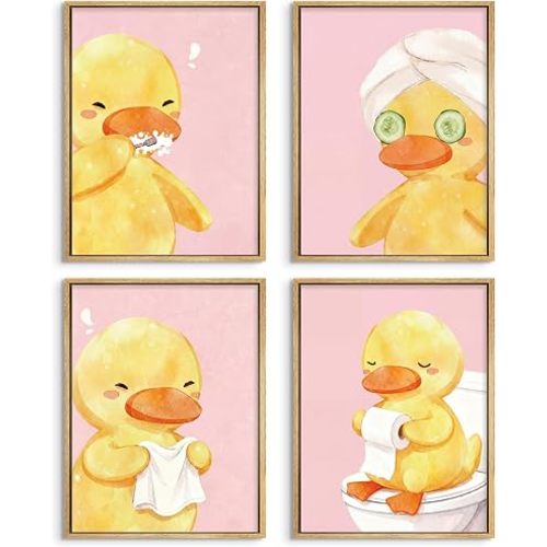 JYZXINWYQ Kids Bathroom Decor Set of 4, Cute Yellow Duck Bathroom Wall Art, Funny Animal Pictures Wall Decor Canvas Prints for Toddler Boys Girls Nursery, 8x10 Inch Unframed