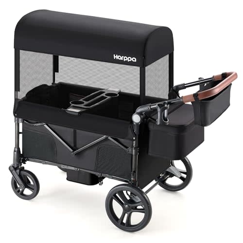 Harppa Remy Foldable Wagon Stroller for 2 Kids with Mosquito Net UPF 50+ Canopy, 180 lbs Capacity, 5-Point Harness, All-Terrain Wheels, Adjustable Handle for Park Zoo Camping Twins and Siblings Black