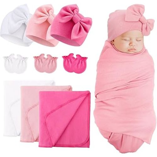 DRESHOW BQUBO Newborn Receiving Blankets Cotton Warm Sleepsack with Mittens & Bow Hats Hospital Baby Swaddling Shower Gift