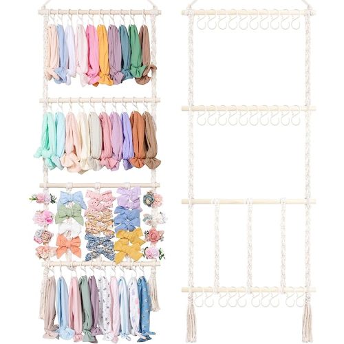 POVETIRE Headband Holder Hair Bows Organizer for Girls, Baby Headbands Hair Accessories Organizer Storage Wall Hanging Decor for Toddler Girls Room (Pink ribbon - 4 Tier)