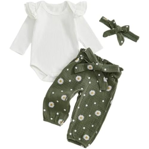 Newborn Infant Girl Clothes Rib Knit Ruffles Long Sleeve Romper Daisy Pants Baby Clothes for Girls 0 3 6 12 18 24M