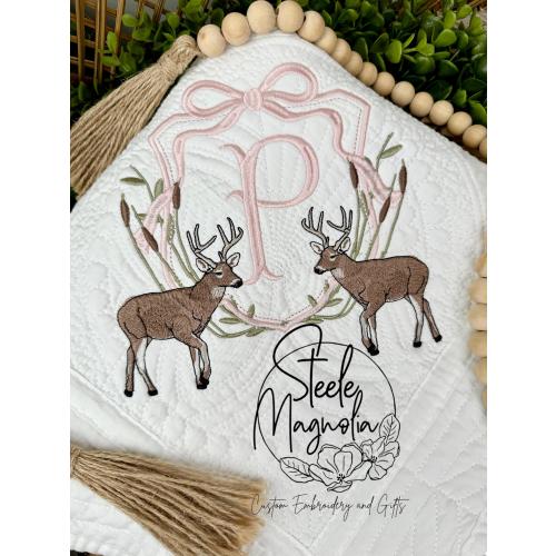 Girl Deer Pink Bow Nursery Decor Hunting Baby Blanket Deer Hunting Nursery Custom Heirloom Quilt Embroidered Baby Blanket Baby Shower Gift