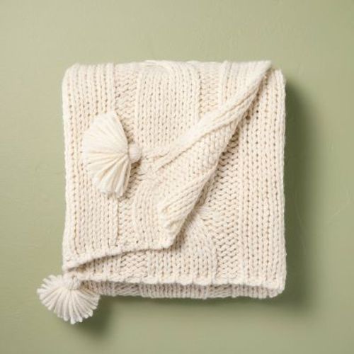 50"x60" Cable Knit Throw Blanket Cream - Hearth & Hand™ with Magnolia