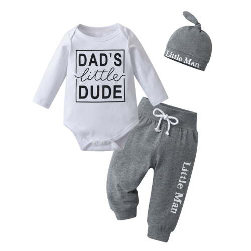 Newborn Baby Boy Clothes Letter Long Sleeve Romper + Pants + Hat 3PCS Outfits Set White & Grey 0-3 Months