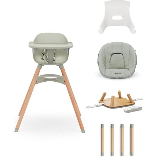 Lalo The 3-in-1 High Chair Kit - Convertible Wooden High Chair for Babies & Toddlers with Infant Support, Cushion, Booster Conversion Kit & Play Legs, Adjustable Footrest - Sage