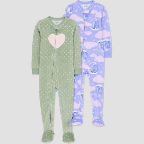 Carter's Just One You® Toddler Girls' 2pk Snug Fit Long Sleeve Heart Velour Footed Pajama - Purple/Sage Green 12M