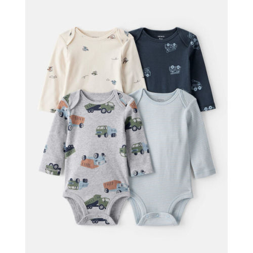 9mos Baby Boy 4-Pack Construction Print Long-Sleeve Multipack Bodysuits - White/Navy Blue - Carter's | Carter's