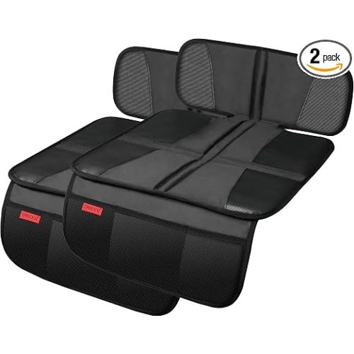 Car Seat Protector - Seat Protection Mat - Thick Padding - Durable, Waterproof Fabric, Leather Reinforced Corners & 3 Pockets for Handy Storage (2 Pack) Black