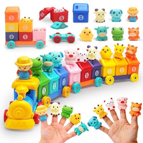 Learning Toy for Toddlers 1 2 3 4 Years Old, Counting Matching & Sorting Montessori Train Set with Farm Animals Finger Puppets for Boys Girls Birthday