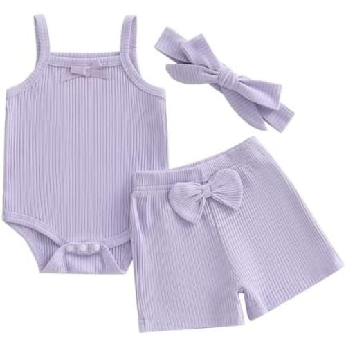 fhutpw Baby Girl Summer Clothes Spaghetti Strap Tops Bow Elastic Shorts Infant Sleeveless Solid Color Outfits 3Pcs Sets