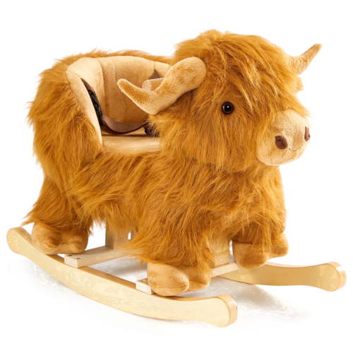 Jolie Vallee Baby Rocking Horse Kids Ride on Horse Highlander Cattle Rocker for Toddlers 1 Year Old Cute Dog Stuffed Plush Ride-on Toy for Child Christmas or Birthday Gift Brown