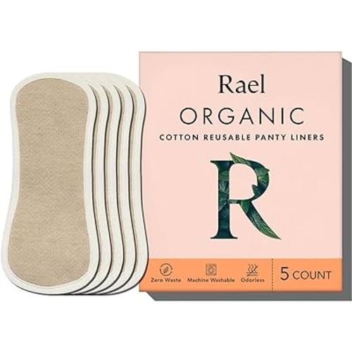 Rael Reusable Panty Liners Menstrual, Organic Cotton Cover, Period Essential, Cloth Pantyliner for Women, Washable, Soft and Thin, Leak-Free, Washing Machine Safe (5 Count, Brown)