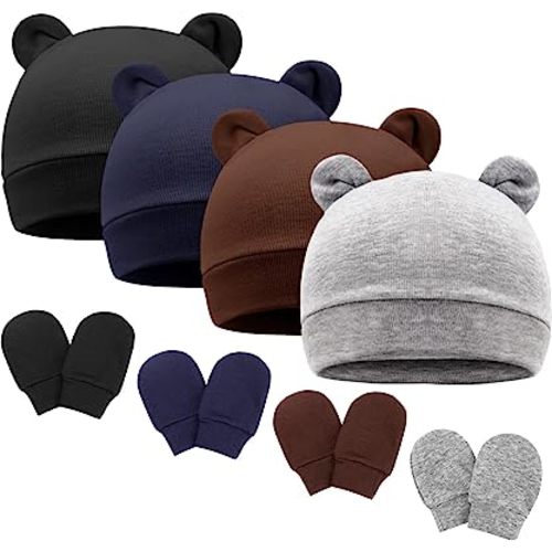 DRESHOW BQUBO Bonnet et moufles en coton pour nouveau-né avec oreilles d'ours pour bébé garçon fille