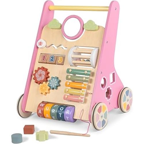 Baby Walker with Wheels, Wooden Push Walker Toys for Babies 10-12 Months, Baby Girl Walking Activity Toys for 1 Year Old