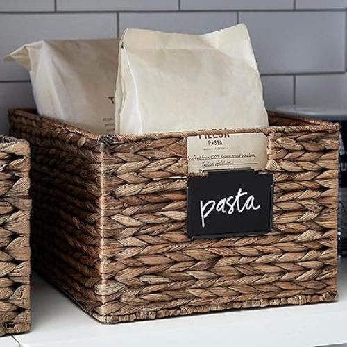 Metal Pantry Baskets Labels Clip On for Storage Bins with White Chalk Markers (18 Black Holders + 4 White Chalk Makers)