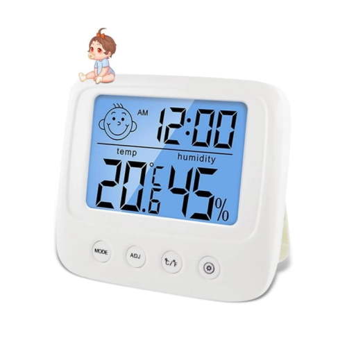 Digital Hygrometer Indoor Thermometer Room Thermometer and Humidity Indicator with Temperature Humidity Monitor, Backlight, Clock and ℃/℉ Function, White