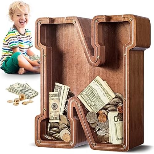 Summidate Large Wooden Piggy Bank for Kids Adults, Letter N Money Bank for Boys Girls, Personalized Initial Alphabet Bank for Coins Bills Change, Birthday and Decor