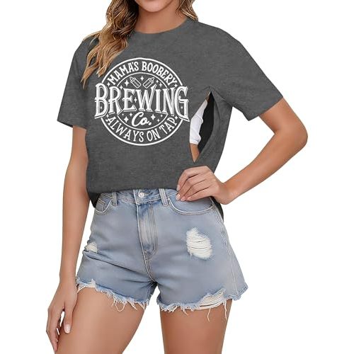 Women Nursing Shirts for Breastfeeding Friendly Zip Nursing Tops Cute Graphic Mama Shirt Casual Maternity Tees