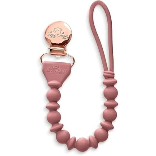 Itzy Ritzy Silicone Pacifier Clip; 100% Food Grade Silicone Pacifier Strap with Clip Keeps Pacifiers, Teethers & Small Toys in Place; Features One-Piece Design & Cord (Rosewood)