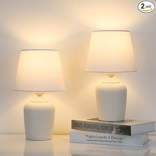 Sucolite Small 11.8" Table Lamps Set of 2, Bedside Nightstand Lamps for Bedroom Kid’s Room, Cute Desk Lamps with Studded Texture Base for Reading Nursery Living Room Office, White