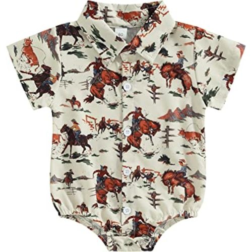 Kayotuas Western Baby Boy Clothes Cowboy Shirt Romper Long/Short Sleeve Button Down Onesie Bodysuit Infant Gentleman Outfits