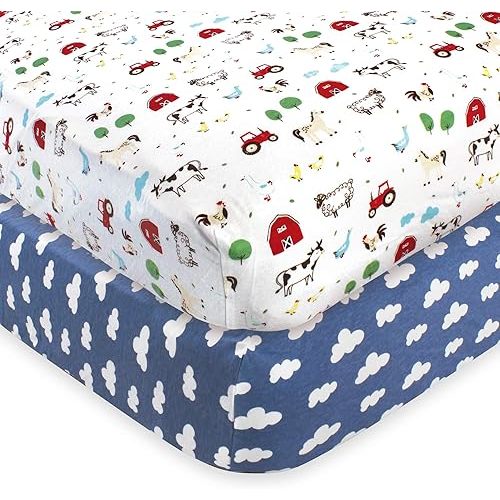 Hudson Baby Unisex Baby Cotton Fitted Crib Sheet, Boy Farm Animals, One Size