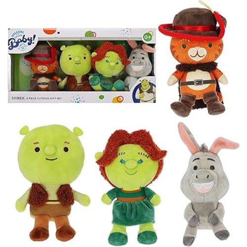 Kids Preferred Shrek Cuteeze 4 Piece Set - 6 Inch Shrek, Fiona, Donkey, and Puss in Boots Plush - Beans in Body for Comfort, for Baby Boys & Girls