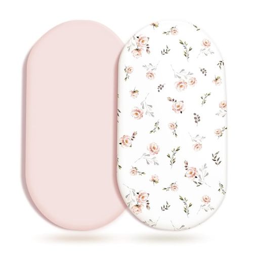 Stretch Ultra Soft Fitted Bassinet Sheet Set 2 Pack, Universal Fit for Bassinets Baby Cradle Moses Basket Oval Rectangle Mattress Safe and Snug, Pink Rose Print