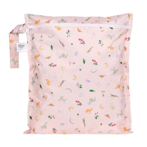 Bumkins Disney Waterproof Wet Bag for Baby, Travel, Swim Suit, Cloth Diapers, Pump Parts, Pool, Beach, Gym Clothes, Toiletry, Hook to Stroller, Daycare, Zip Reusable Wetdry Pack, Princess Magic Pink