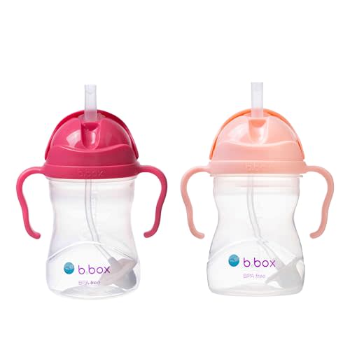b.box Sippy Cup with Weighted Straw (2-Pack). Leak Proof, Easy Grip. BPA Free & Dishwasher Safe. Ideal for Babies 6m+ to Toddlers (raspberry + tutti fruitti, 8oz)