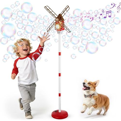 Belemar Windmill Bubble Machine Toys for Kids, Bubble Blower with Lights & Music, Adjustable 51" Height, 130ml Large Tank, Bubble Solution Included, Bubble Show for Parties & Birthdays