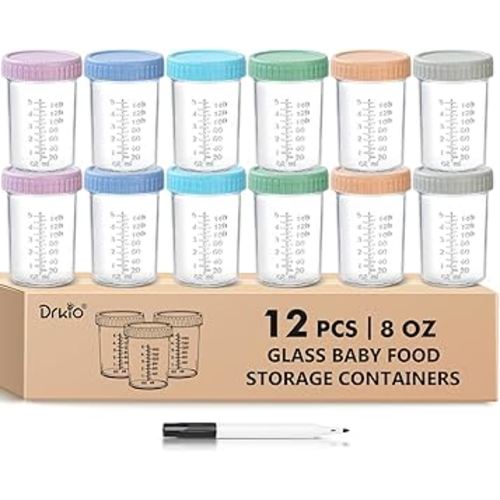 DRKIO 12 Pack Glass Baby Food Storage Containers - 8 Oz Baby Food Jars with Lids Baby Food Maker Microwave Dishwasher Freezer Safe 100% Leak Proof BPA Free Reusable