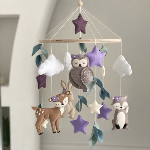 Woodland baby mobiles, forest mobile with animals deer hare fox owl, purple baby crib mobile, woodland nursery decor, baby mobiles for girl