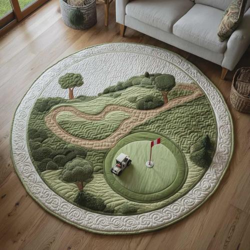 Golf Course Round Mat, Mini Golf Floor Decor, Golfer Gift, Green Landscape Home Accent