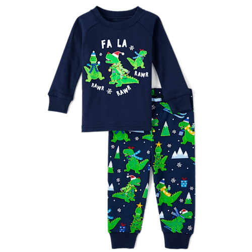 Baby And Toddler Boys Glow Christmas Dino Snug Fit Cotton Pajamas - Blue