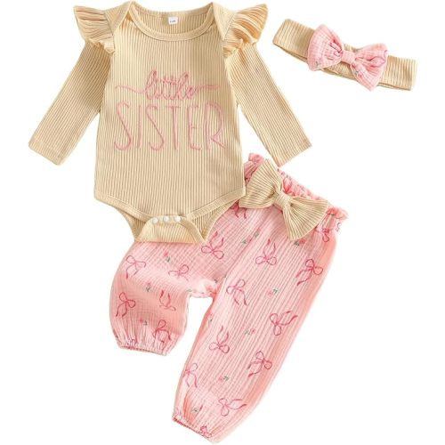 Newborn Baby Girl Fall Winter Outfits Cute Ruffle Long Sleeve Ribbed Romper Top Bow Pants with Headband