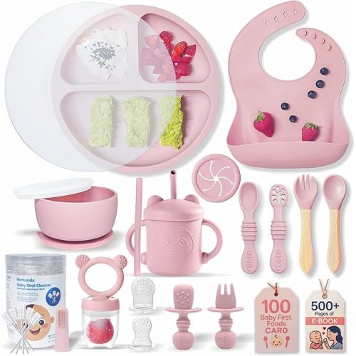 Remonda 23-Piece BPA-Free Silicone Baby Feeding Set | Extra Large Suction Plates, Toddler Bowls, Self Feeding Spoons, and More | Dishwasher Safe| Baby Led Weaning Supplies (Pink)