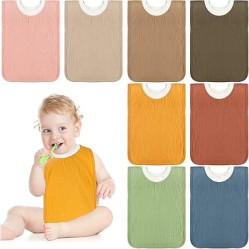Newwiee 8 Pcs Large Muslin Pullover Baby Bibs Full Coverage Toddler Slip on Absorbent Bib Waterproof Toddler Towel Bibs (Mixed Color)