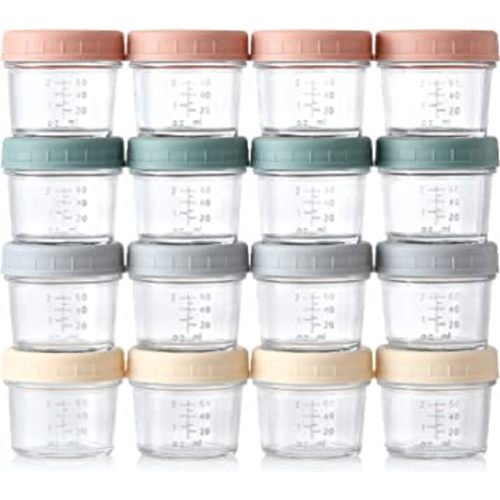 VITEVER 16 Pack Glass Baby Food Storage Containers, 4 oz Baby Food Jars with Plastic Lids, Small Baby Food Maker, Reusable Infant Freezer Container, Microwave, Dishwasher & Freezer Safe, BPA Free