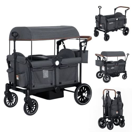 Kinder King All-Terrain Stroller Wagon for 2 Kids with Canopy, Shock-Absorbing Wheels, Storage Bag, Snack Tray & Adjustable Leather Handle, Black