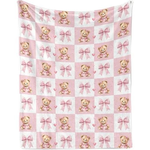 Pink Bow and Cute Bear Blanket, Birthday Gift for Infant,Toddler,Newborn,Nursery,Girl,Throw,Crib,Stroller, 40"x50"