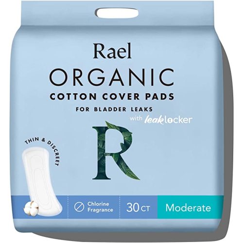 Rael Incontinence Pads for Women, Organic Cotton Cover, Postpartum Essential, Heavy Absorbency, Bladder Control, 4-Layer Core with Leak Guard Technology, Long Length (Moderate, 30 Count)